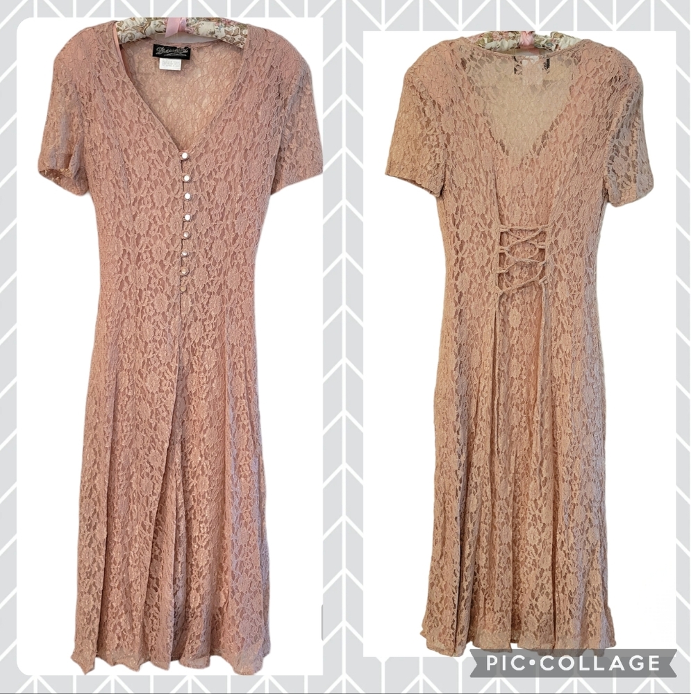 Vintage Lace Maxi Dress - NEW - Size 9 / 10 - 1990s Pink Lace Dress